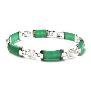 Tigerstars Silver Green Jade Panel Link Bracelet